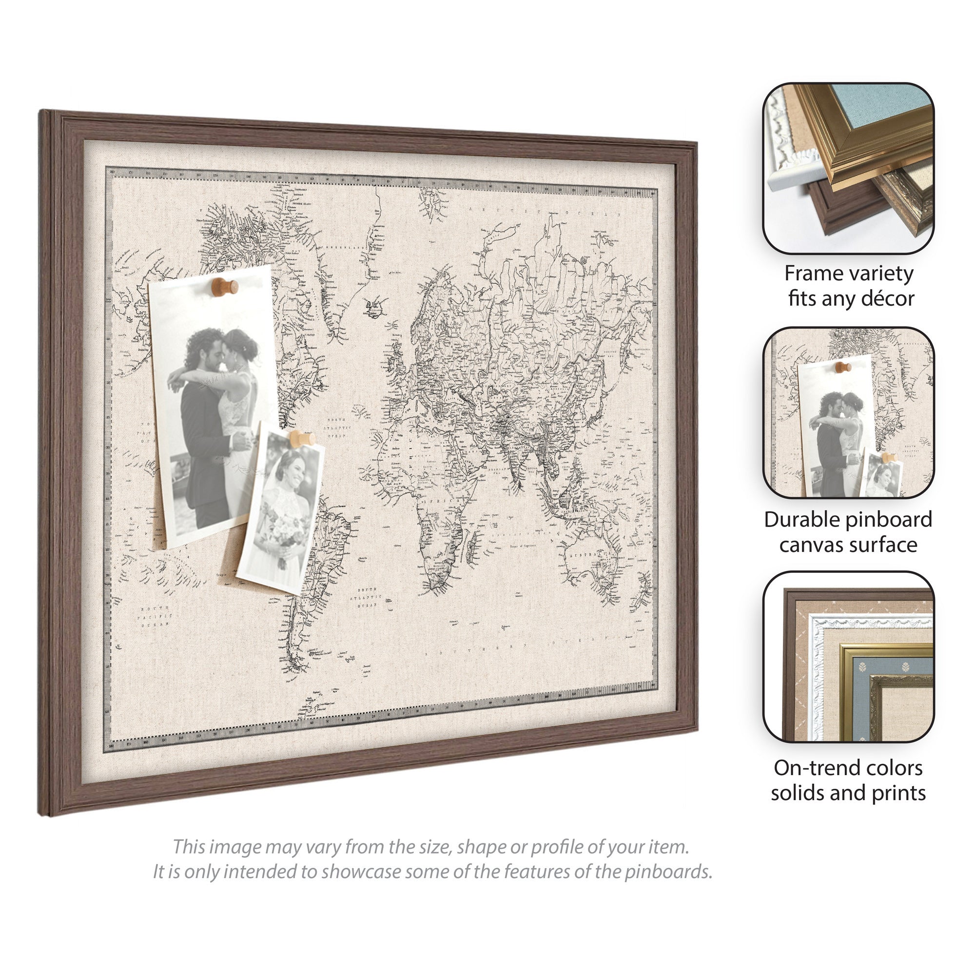 Framed Fabric Pinboard Vintage Black and White Linen World Map Wall Organization