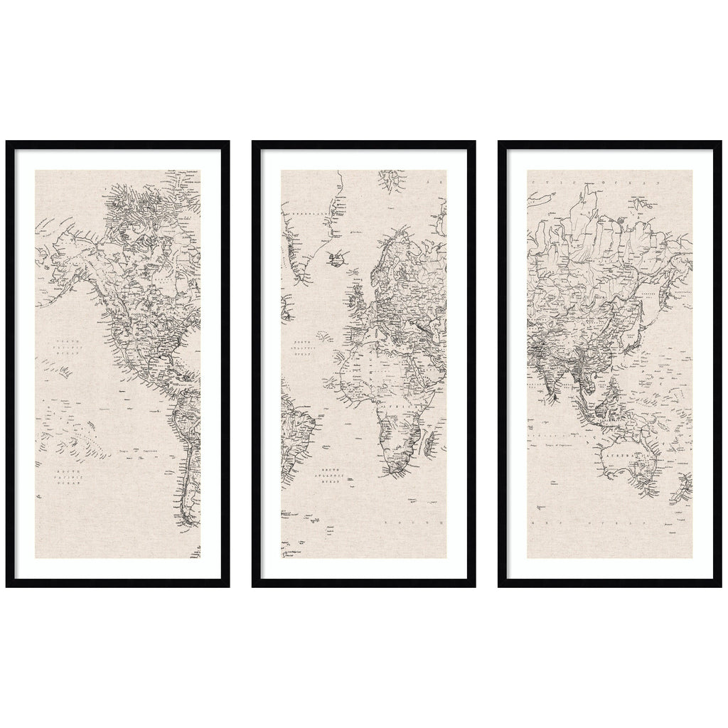 Vintage Black & White World Map — 3-Piece Framed Art Set