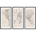 Vintage Black & White World Map — 3-Piece Framed Art Set