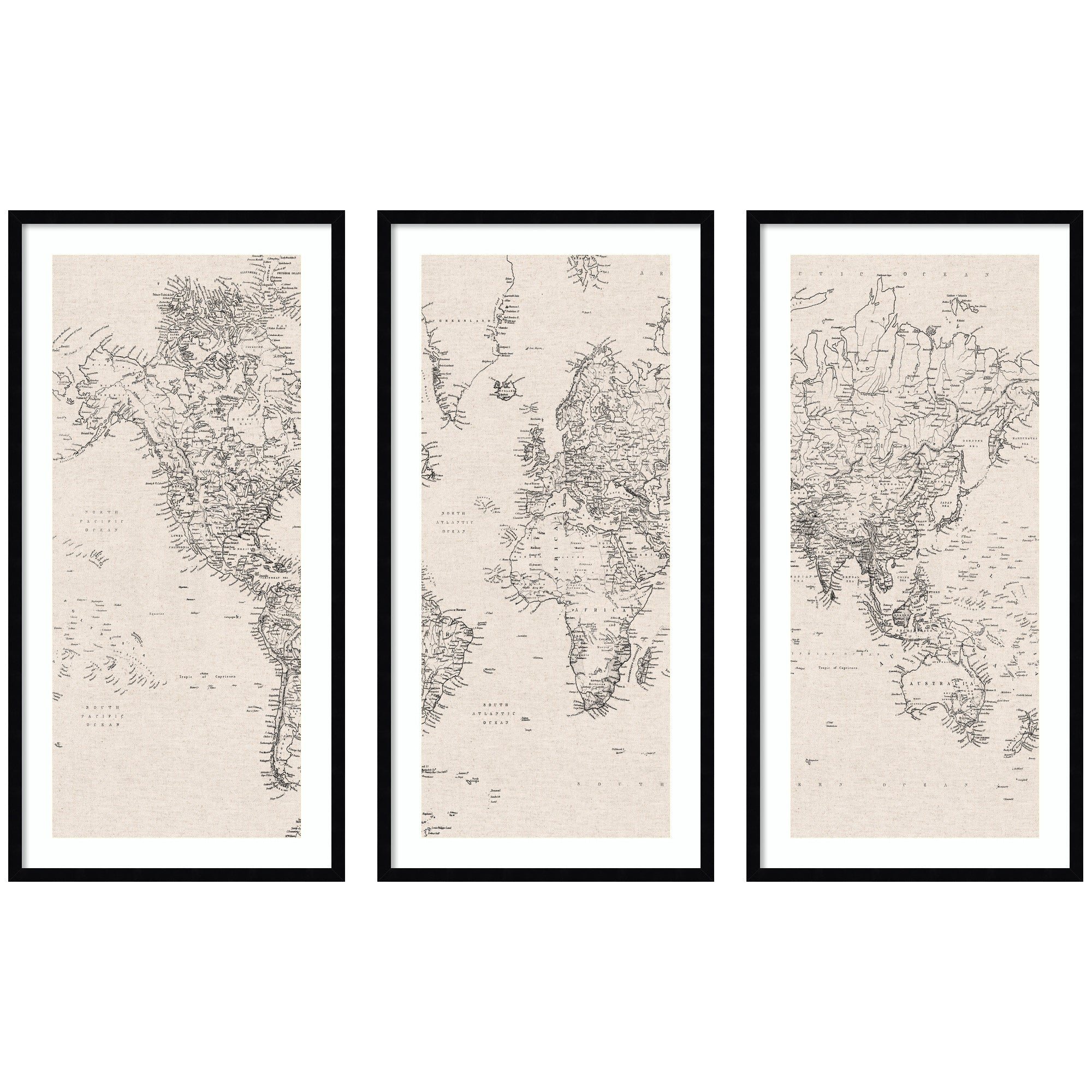 Vintage Black & White World Map — 3-Piece Framed Art Set