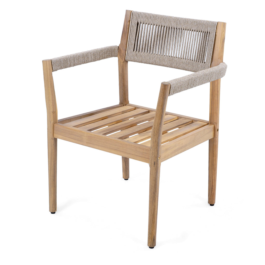 Braided Acacia Wood Outdoor Dining Chairs Set of 2 – Teak Look with Beige Rope & Cream Cushions
