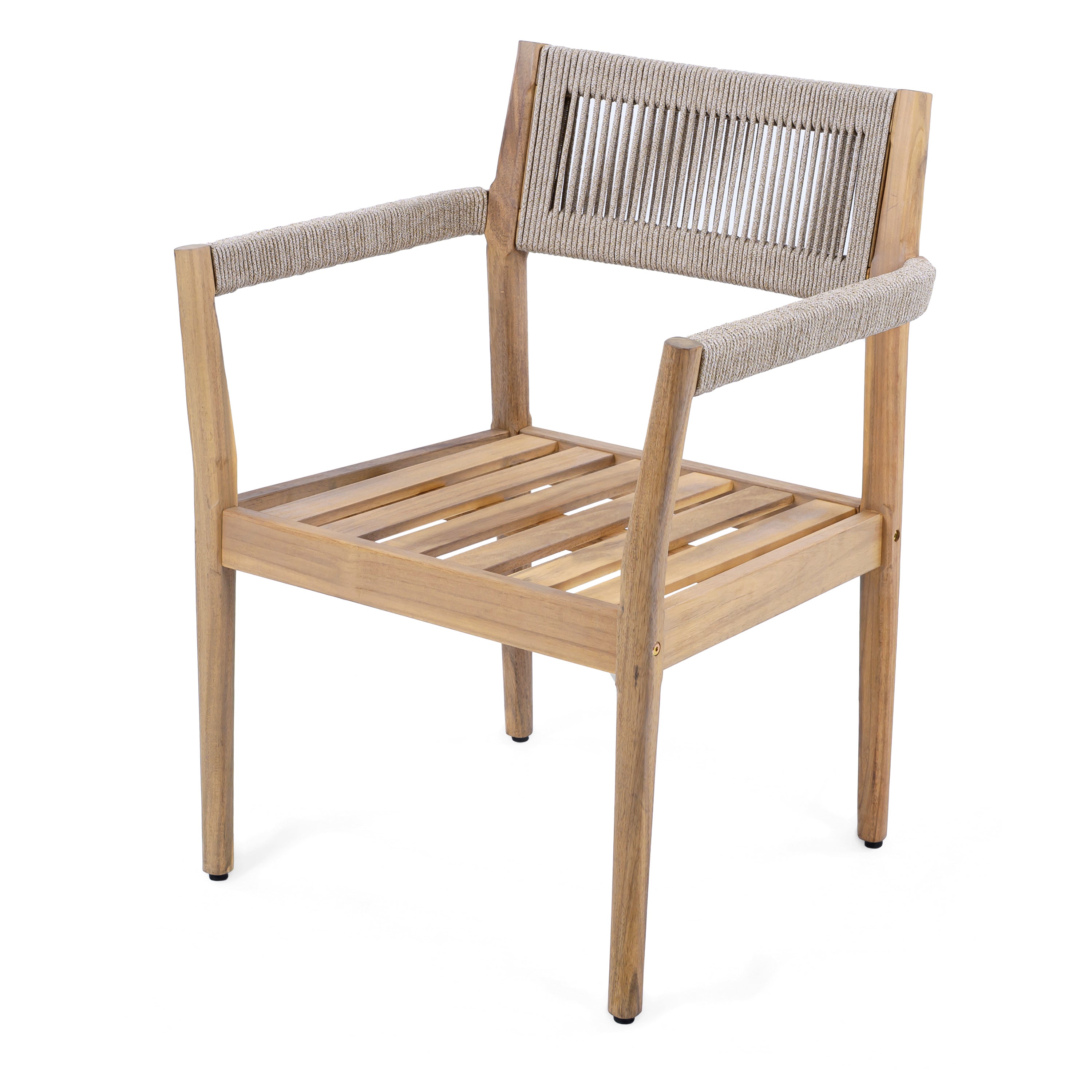 Braided Acacia Wood Outdoor Dining Chairs Set of 4 – Teak Look with Beige Rope & Cream Cushions