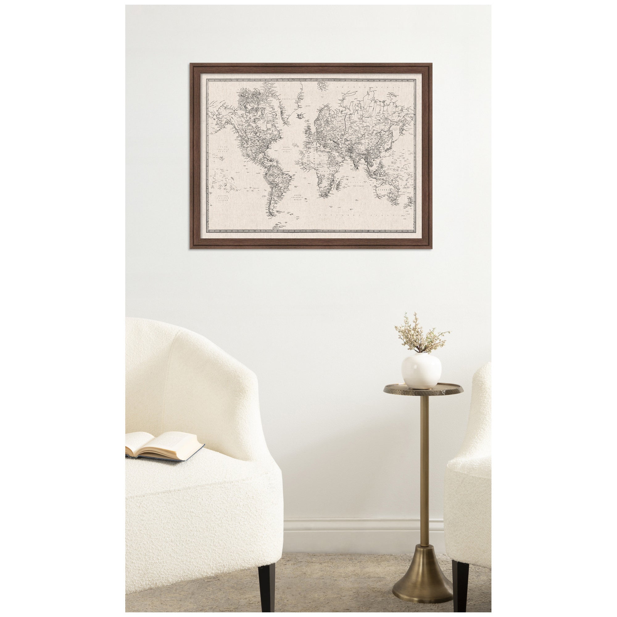 Framed Fabric Pinboard Vintage Black and White Linen World Map Wall Organization