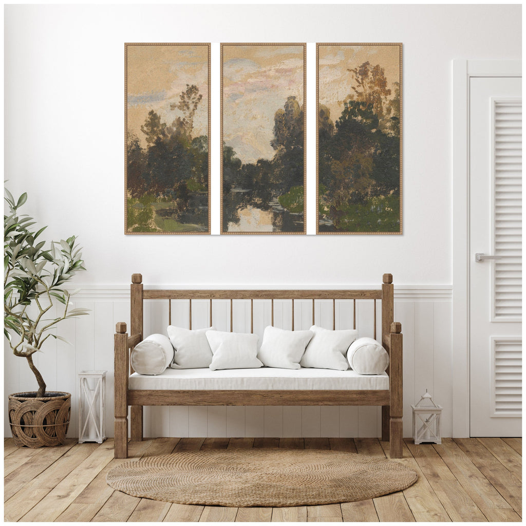 Landscape by the River Barycz Adolf Dressier 3 Piece Framed Canvas Wall Art Set by Nostalgia Prints