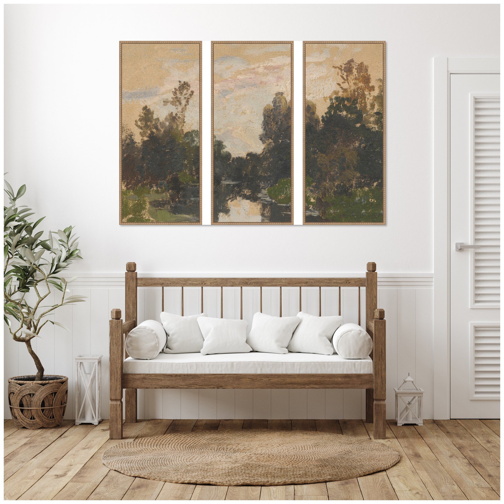 Landscape by the River Barycz Adolf Dressier 3 Piece Framed Canvas Wall Art Set by Nostalgia Prints