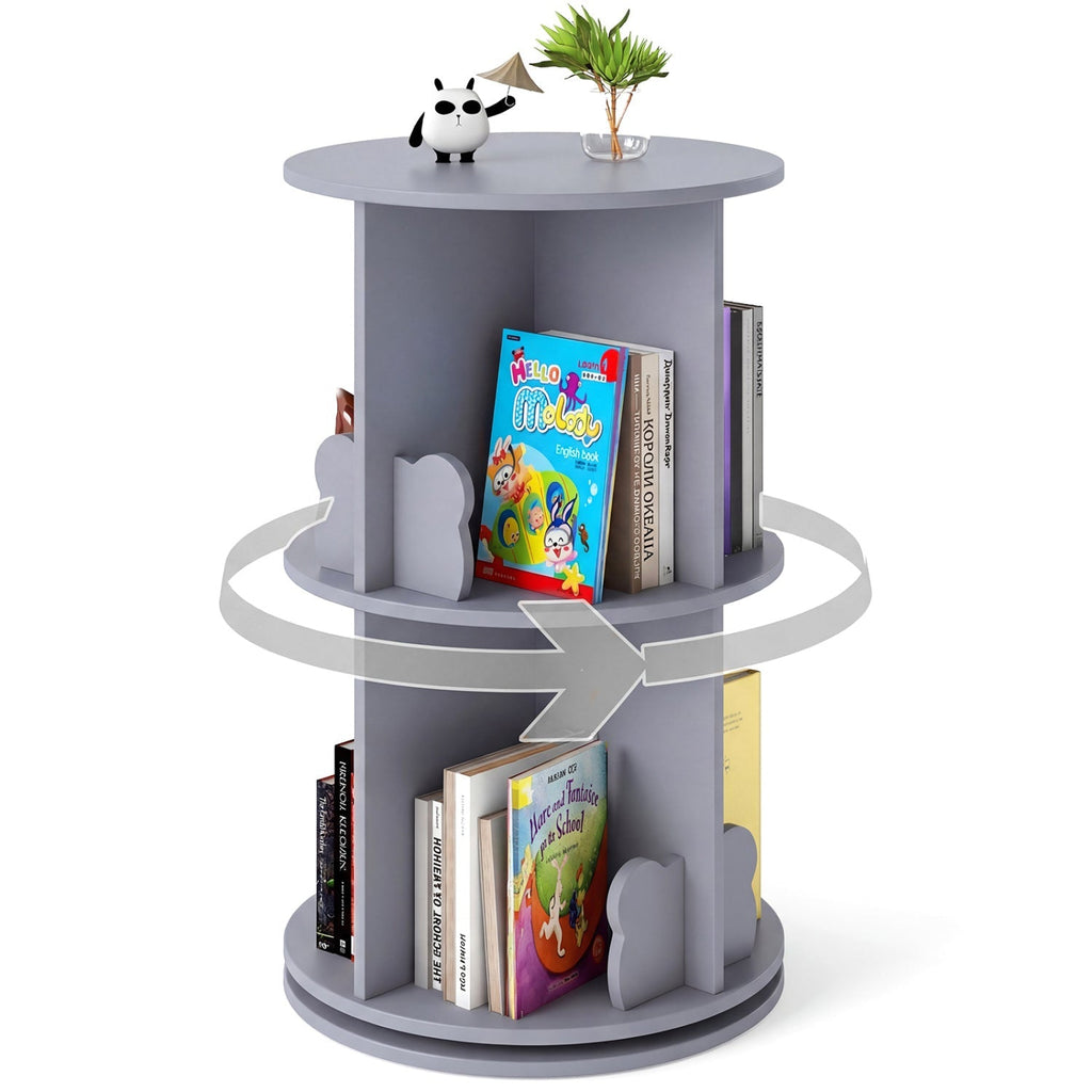 Kids Rotating Bookshelf 2-Tier Storage Rack with Bear Baffles