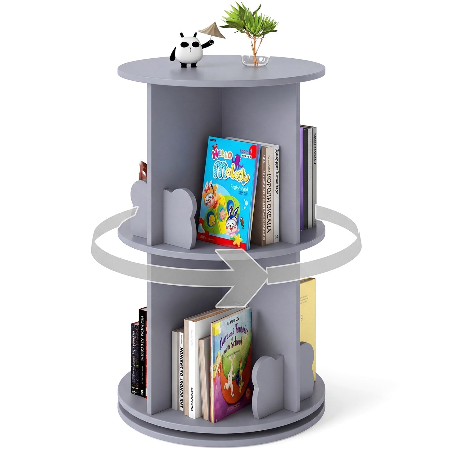 Kids Rotating Bookshelf 2-Tier Storage Rack with Bear Baffles