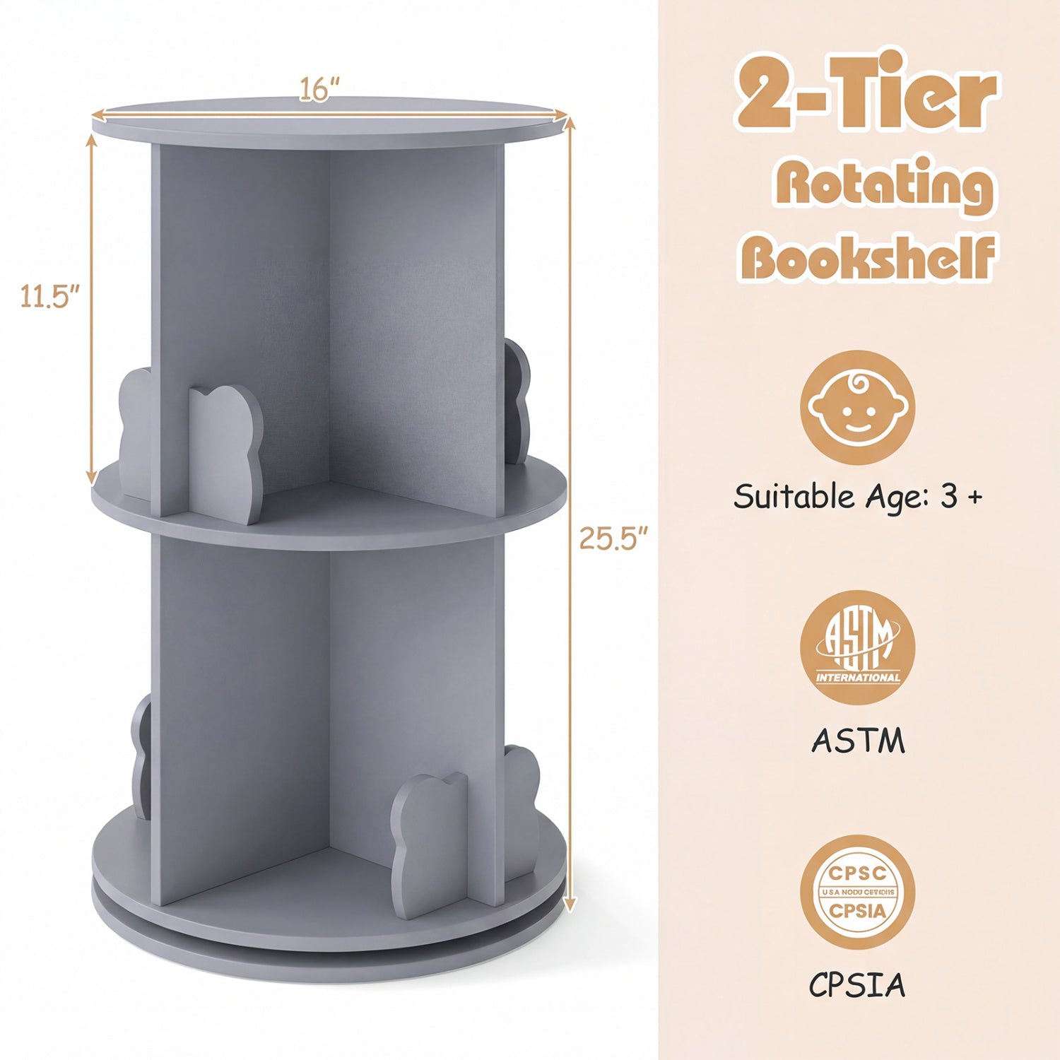 Kids Rotating Bookshelf 2-Tier Storage Rack with Bear Baffles