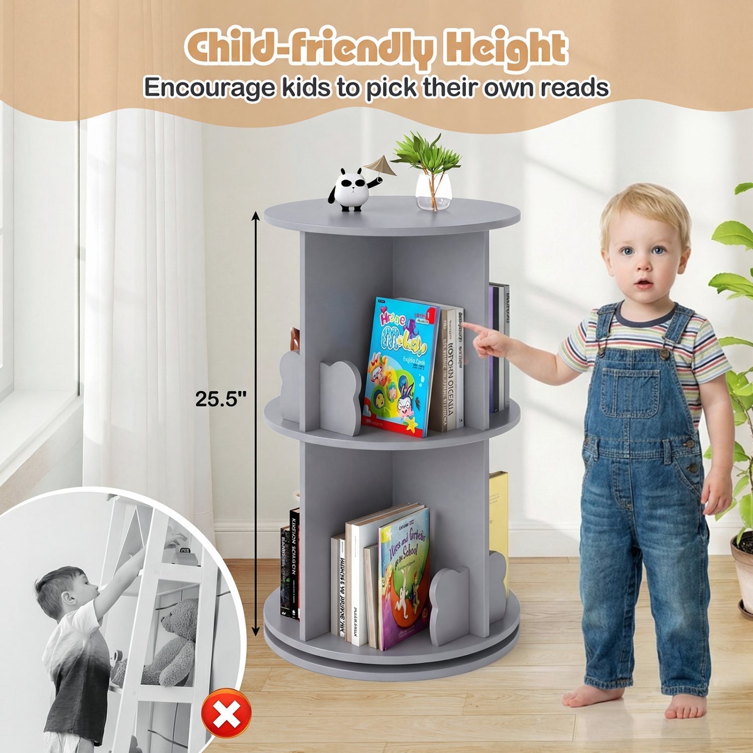 Kids Rotating Bookshelf 2-Tier Storage Rack with Bear Baffles