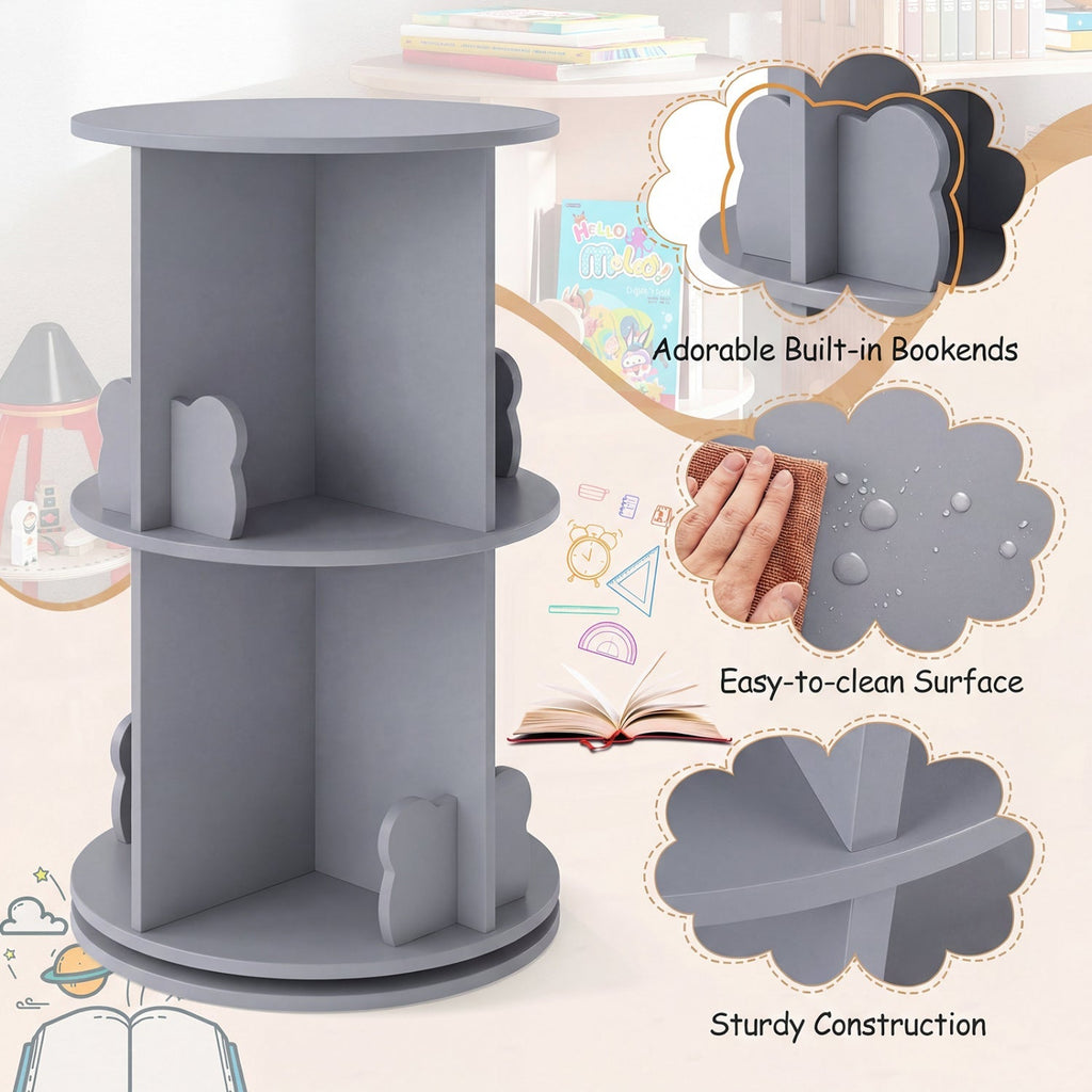 Kids Rotating Bookshelf 2-Tier Storage Rack with Bear Baffles