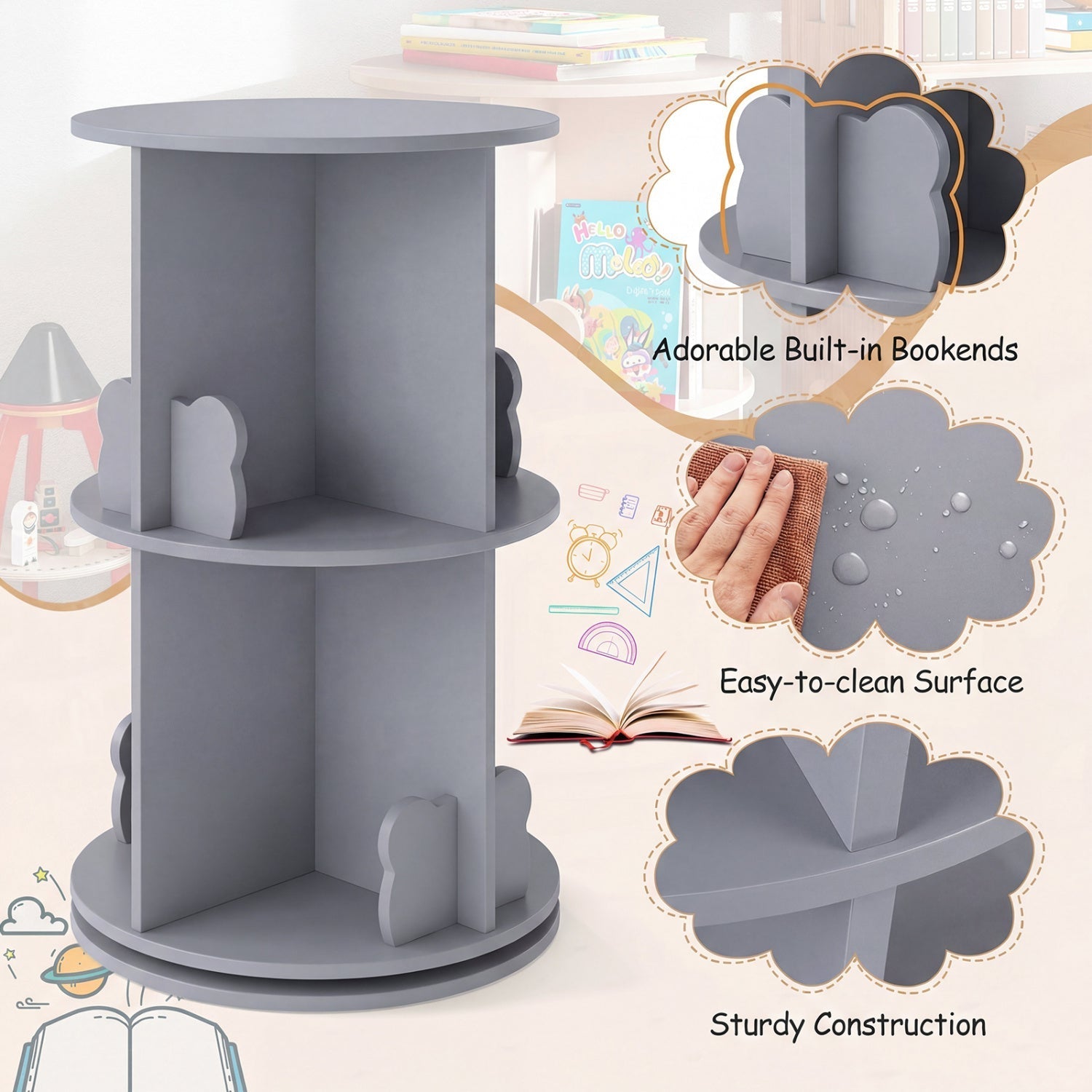Kids Rotating Bookshelf 2-Tier Storage Rack with Bear Baffles