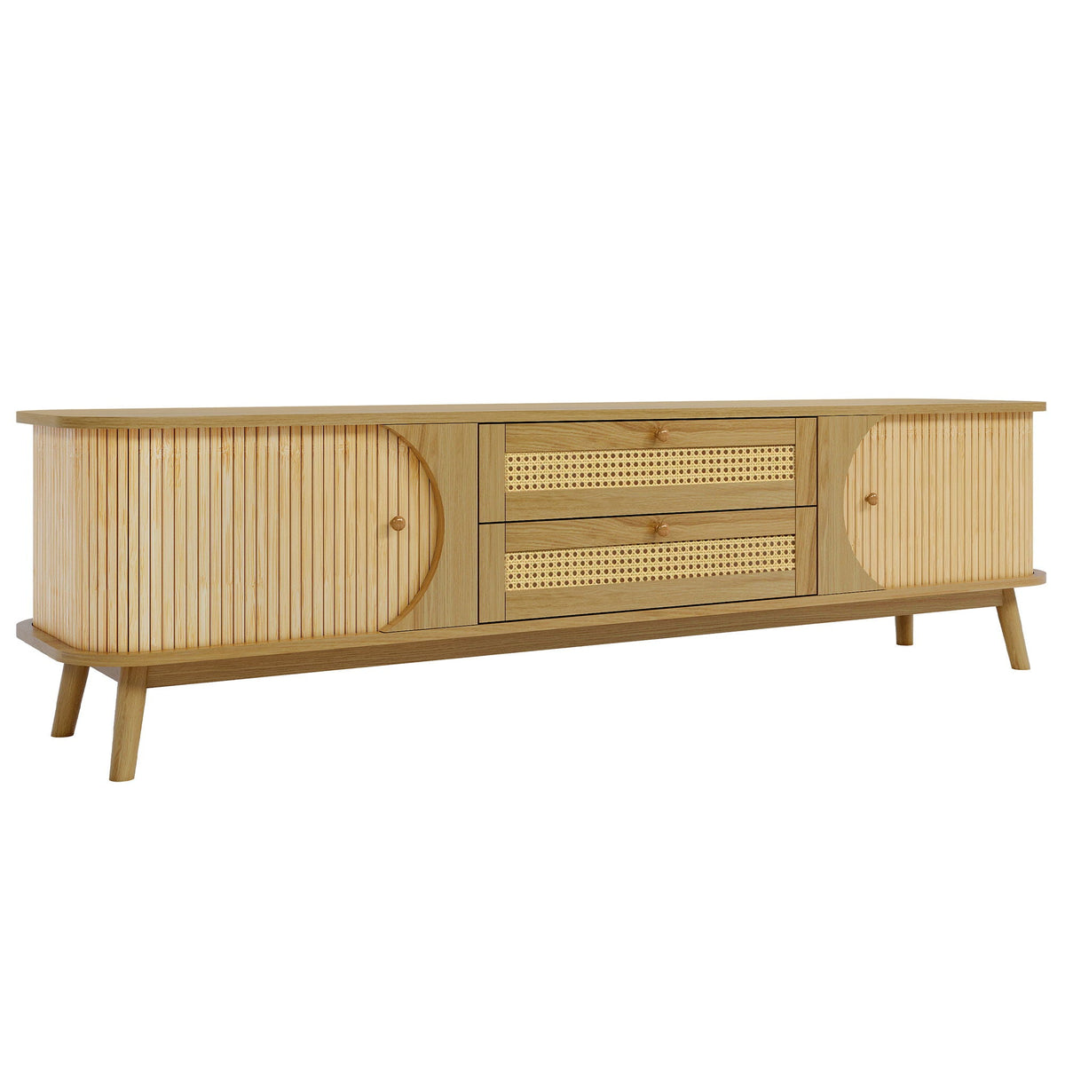 Rattan TV Stand For Tvs Up To 75'', Modern Farmhouse Media Console, Entertainment Center With Legs, TV Cabinet For Living Room, Home Theatre - Natural Wood