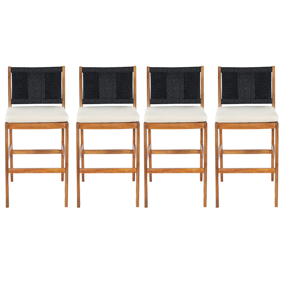 4 Pieces Arly Black Outdoor Bar Stool Solid Acacia Wood and Woven Wicker