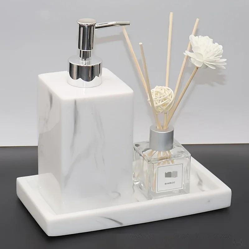 2pcs Bathroom Accessory Set, Marble Look, 500ml Soap Dispenser With Matching Tray, Elegant Countertop Decor