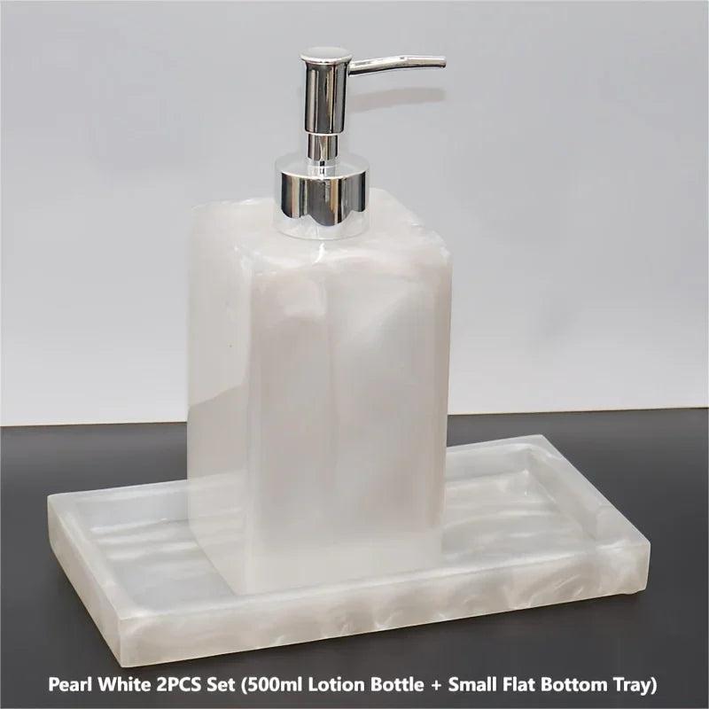 2pcs Bathroom Accessory Set, Marble Look, 500ml Soap Dispenser With Matching Tray, Elegant Countertop Decor