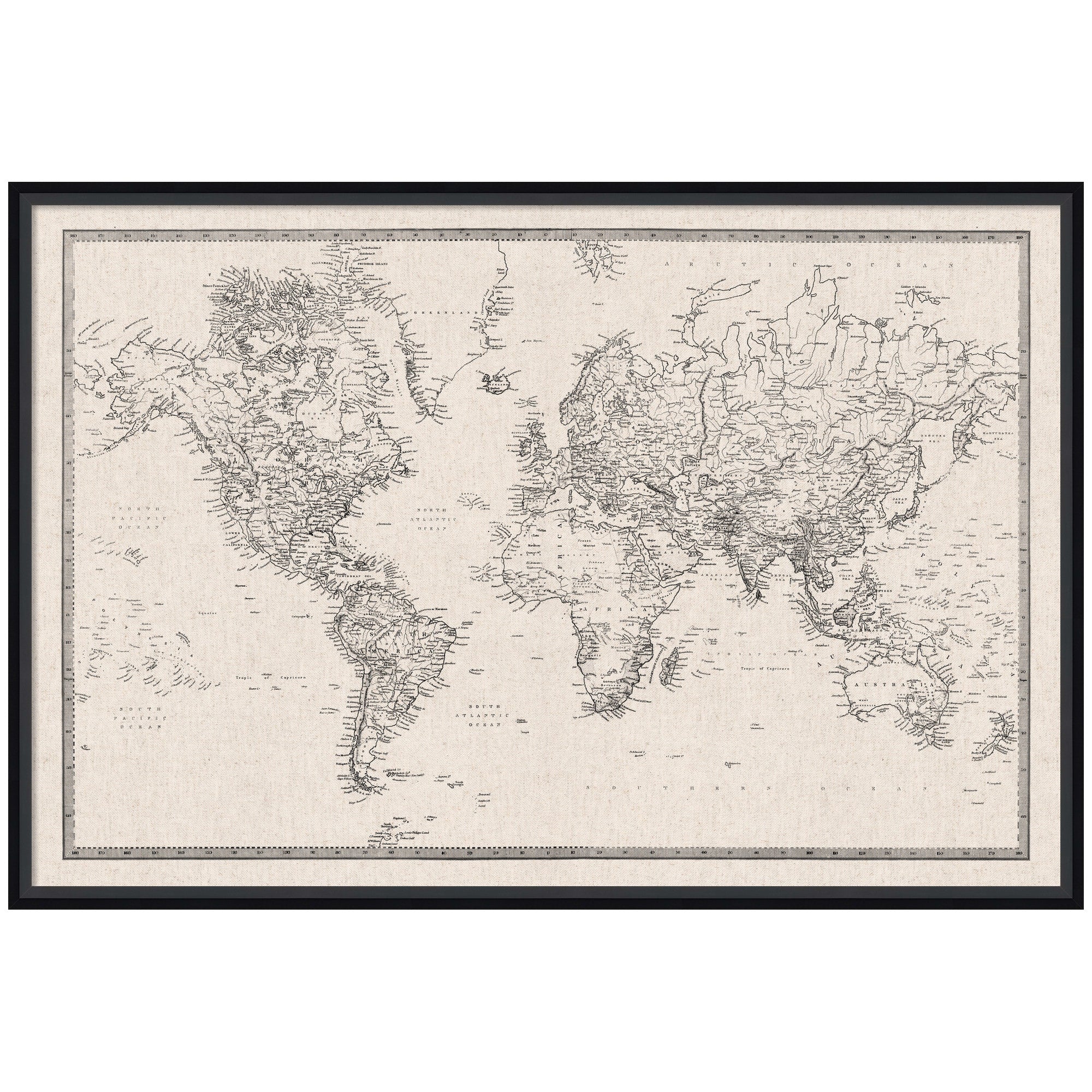 Framed Fabric Pinboard Vintage Black and White Linen World Map Wall Organization