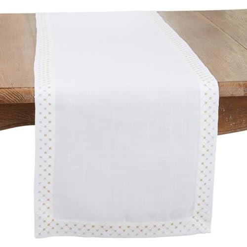 Fennco Styles Shimmering Weave Metallic Lattice Table Runner 16" W X 72" L - White Elegant Table Cover for Home Décor, Holidays, Weddings, Banquets and Special Events