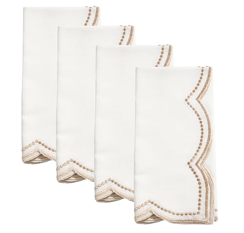 Fennco Styles Embroidered Polka Dot Scallop Border Cloth Napkins 20" W x 20" L, Set of 4 - Silver Elegant Dinner Napkins for Everyday Use, Holidays, Christmas, and Weddings