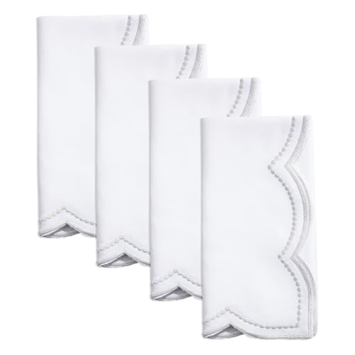 Fennco Styles Embroidered Polka Dot Scallop Border Cloth Napkins 20" W x 20" L, Set of 4 - Silver Elegant Dinner Napkins for Everyday Use, Holidays, Christmas, and Weddings