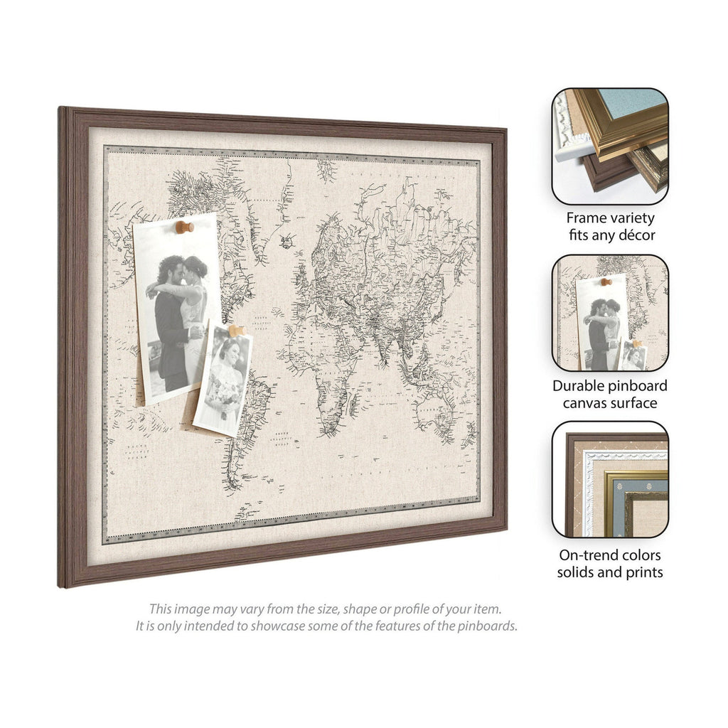 Framed Fabric Pinboard Vintage Black and White Linen World Map Wall Organization
