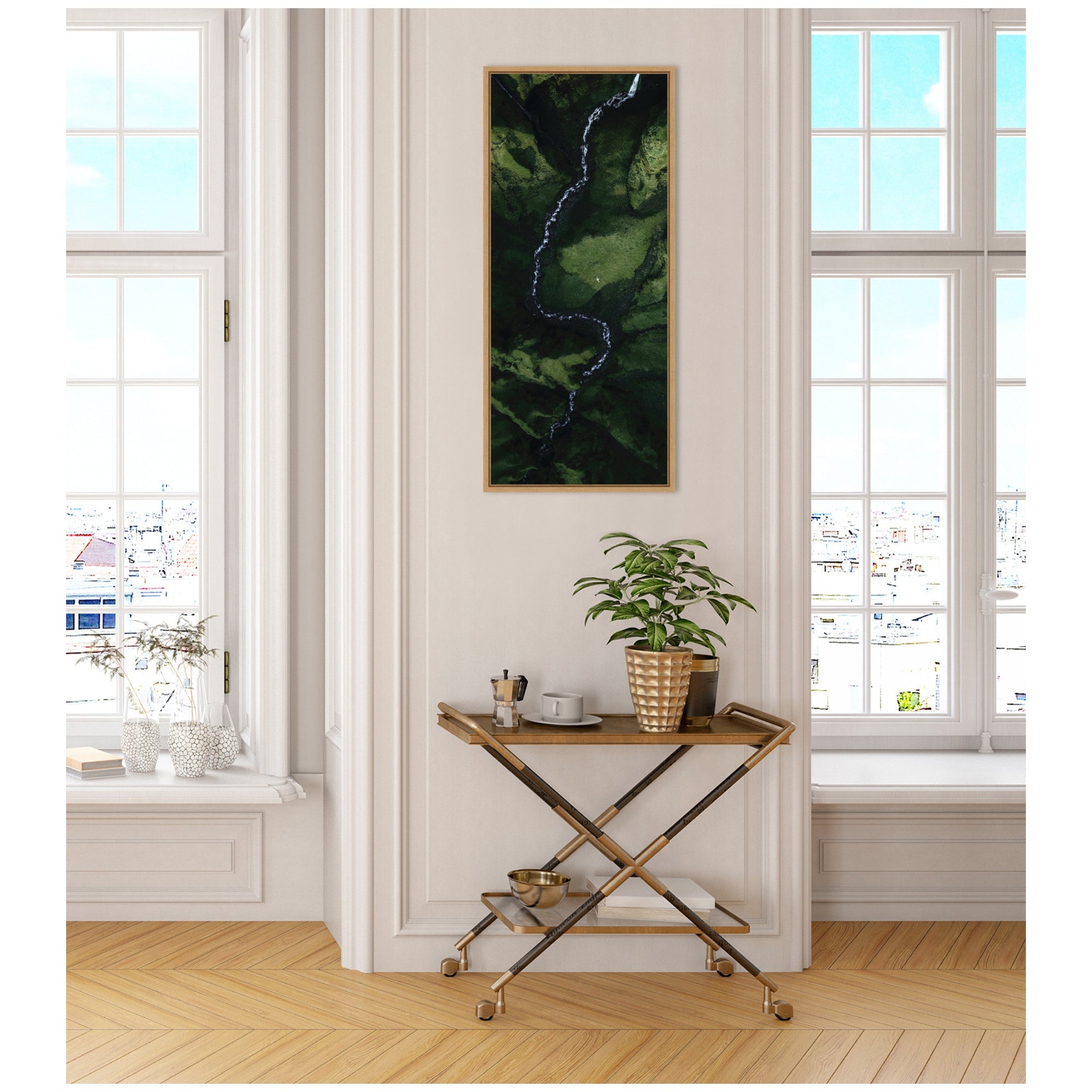 Sylvie Aerial View of a Winding River in a Green Valley in Iceland Framed Canvas by Michael Schauer