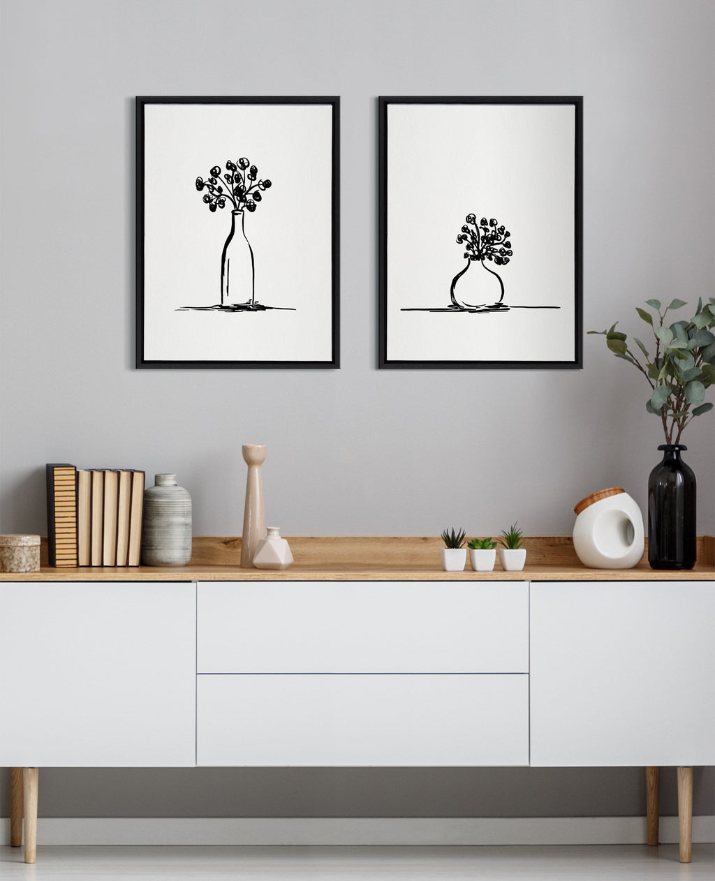 Sylvie Still Life Sketched Botanical Flower Vase Framed Canvas Set by The Creative Bunch Studio