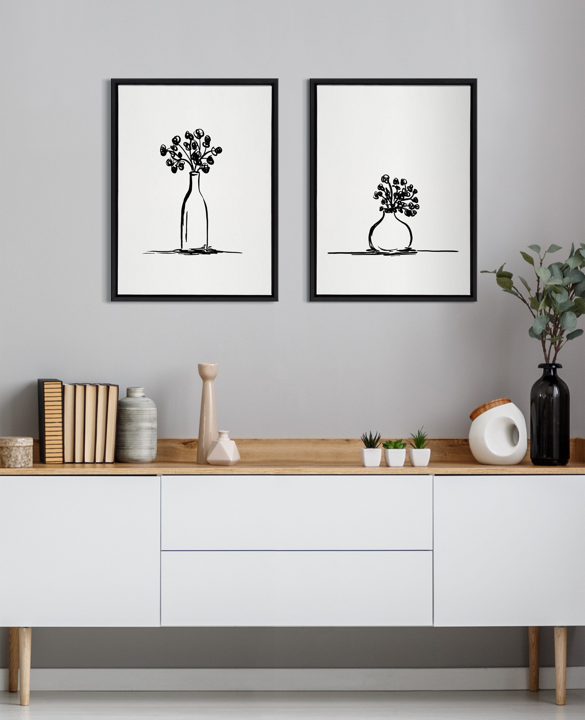 Sylvie Still Life Sketched Botanical Flower Vase Framed Canvas Set by The Creative Bunch Studio
