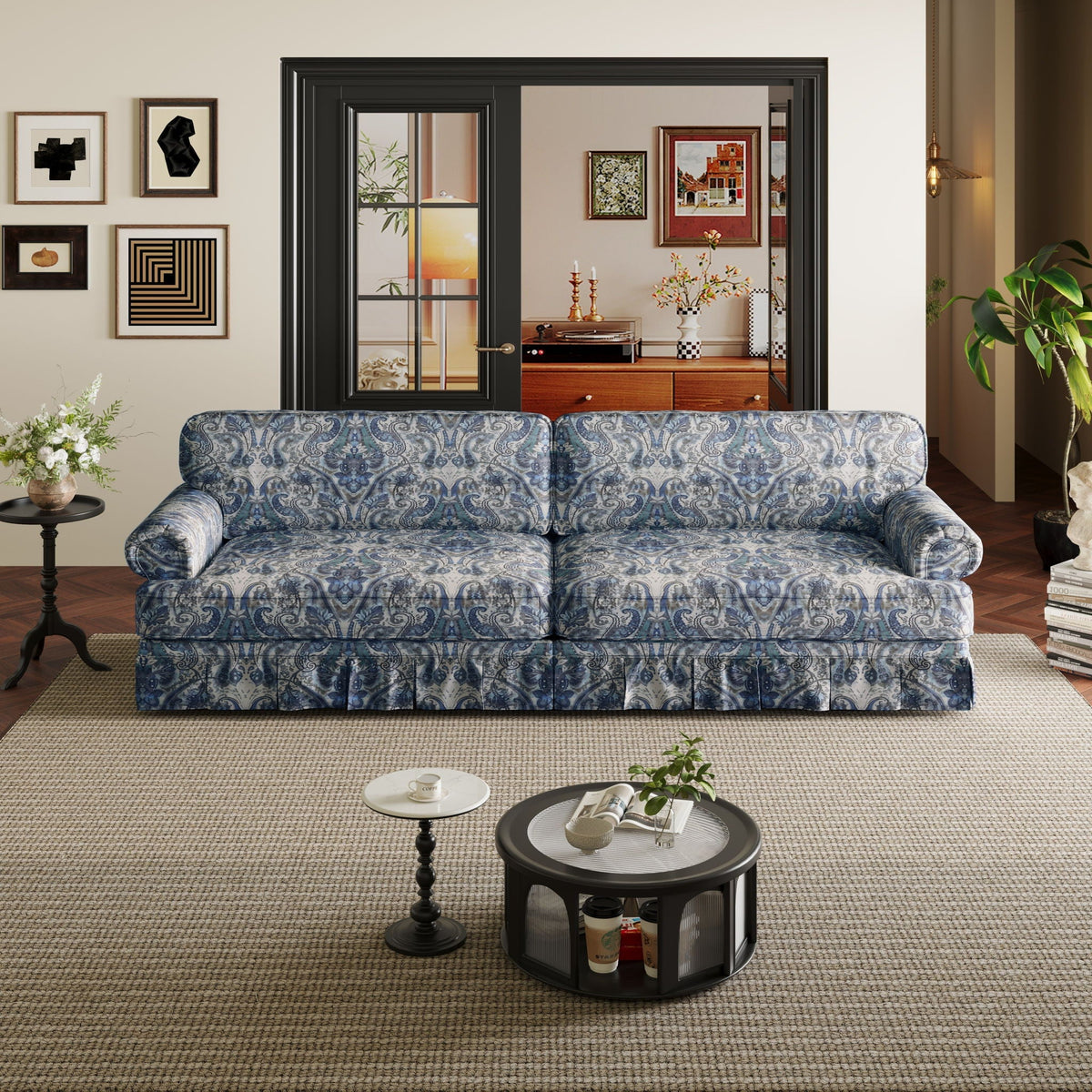 Rolled-Arm Cloud Sofa with Pleated Skirt