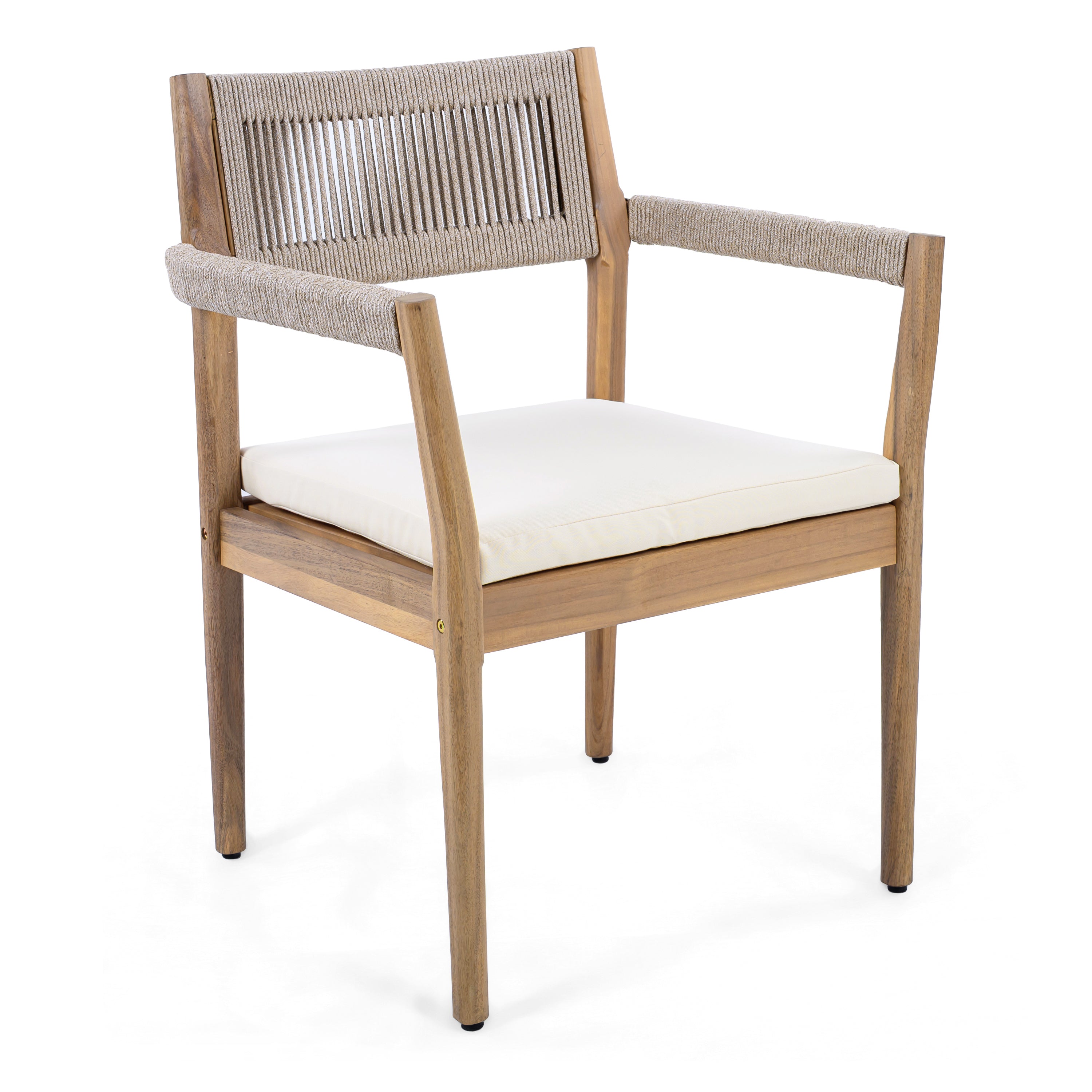 Braided Acacia Wood Outdoor Dining Chairs Set of 2 – Teak Look with Beige Rope & Cream Cushions