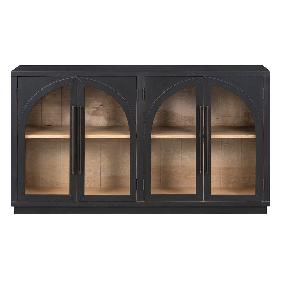 4-Door Large Storage Sideboard Buffet Cabinet with Glass Doors Arched Cabinet (Black)