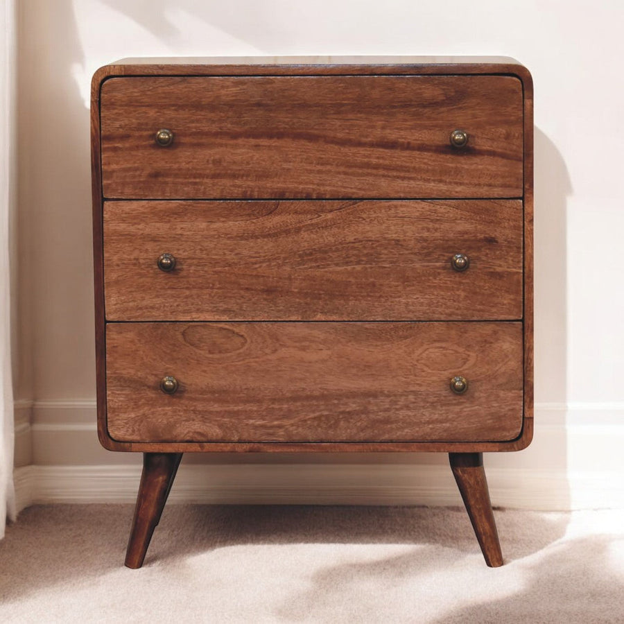 Curved Solid-Mango Three-Drawer Chest — Honey