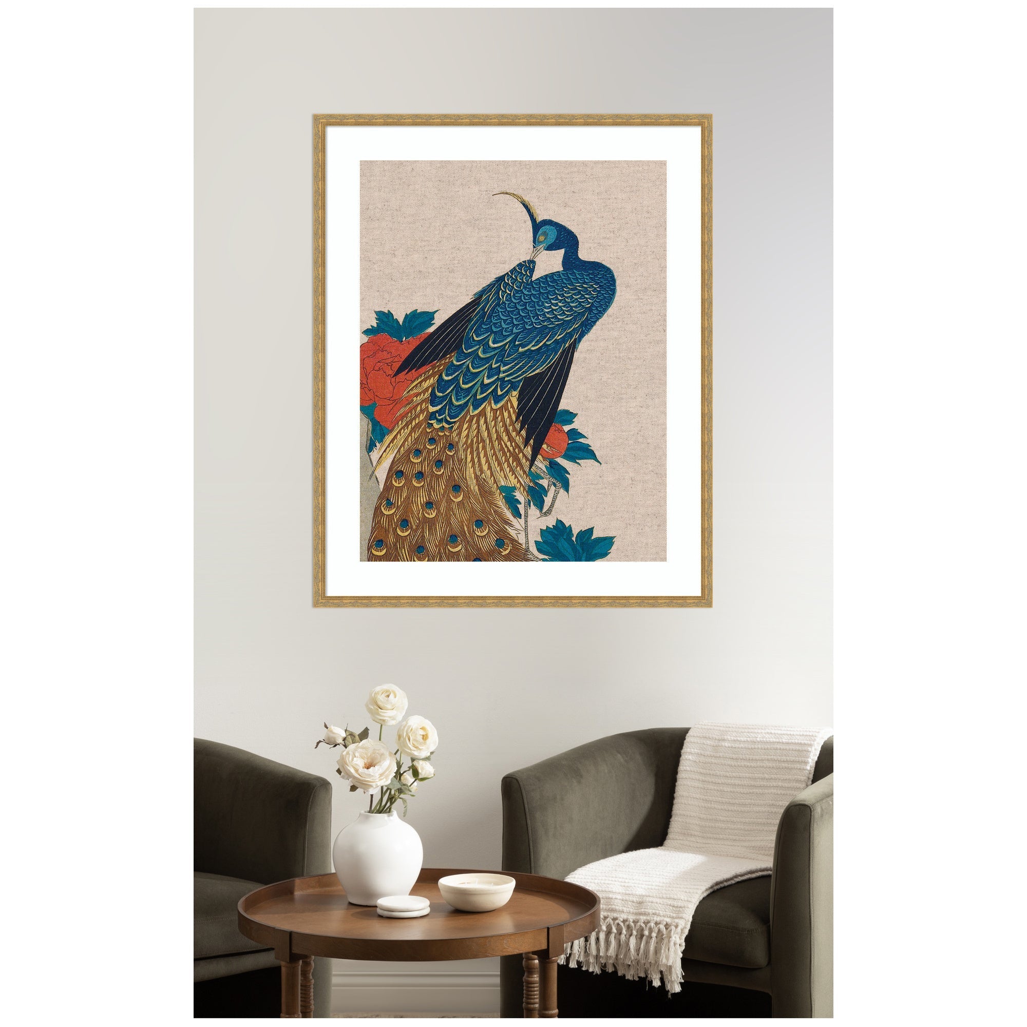 Framed Art Peacock and Peonies 1840 Utagawa Hiroshige Neutral Linen by The Art Institute of Chicago