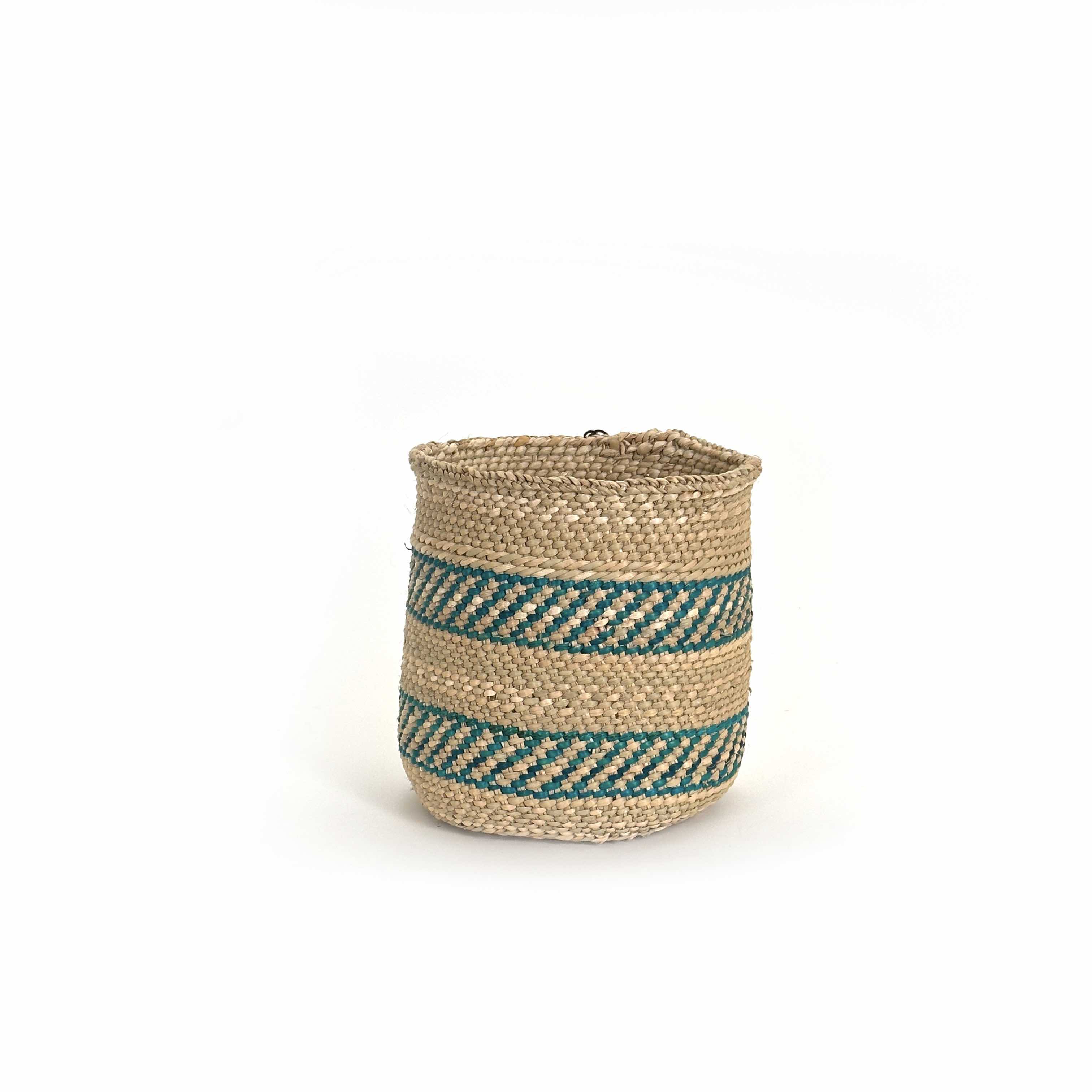 African Iringa woven basket with Turquoise Stripe