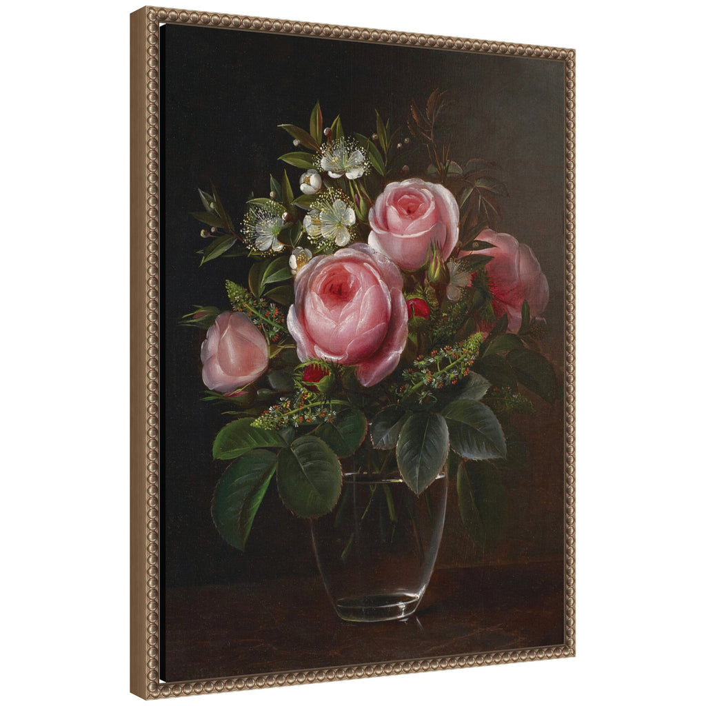 Roses and Tree Anemones in a Glass Vase by Johan Laurentz Jensen by Nostalgia Prints Framed Canvas Wall Art Print