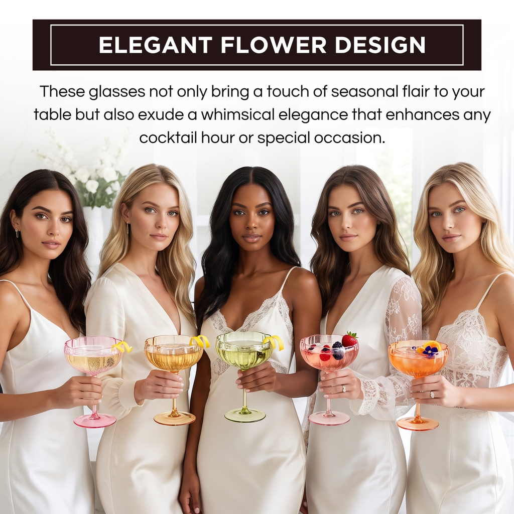 Flower Coupe Cocktail Glasses | Set of 4 | Bright Colors