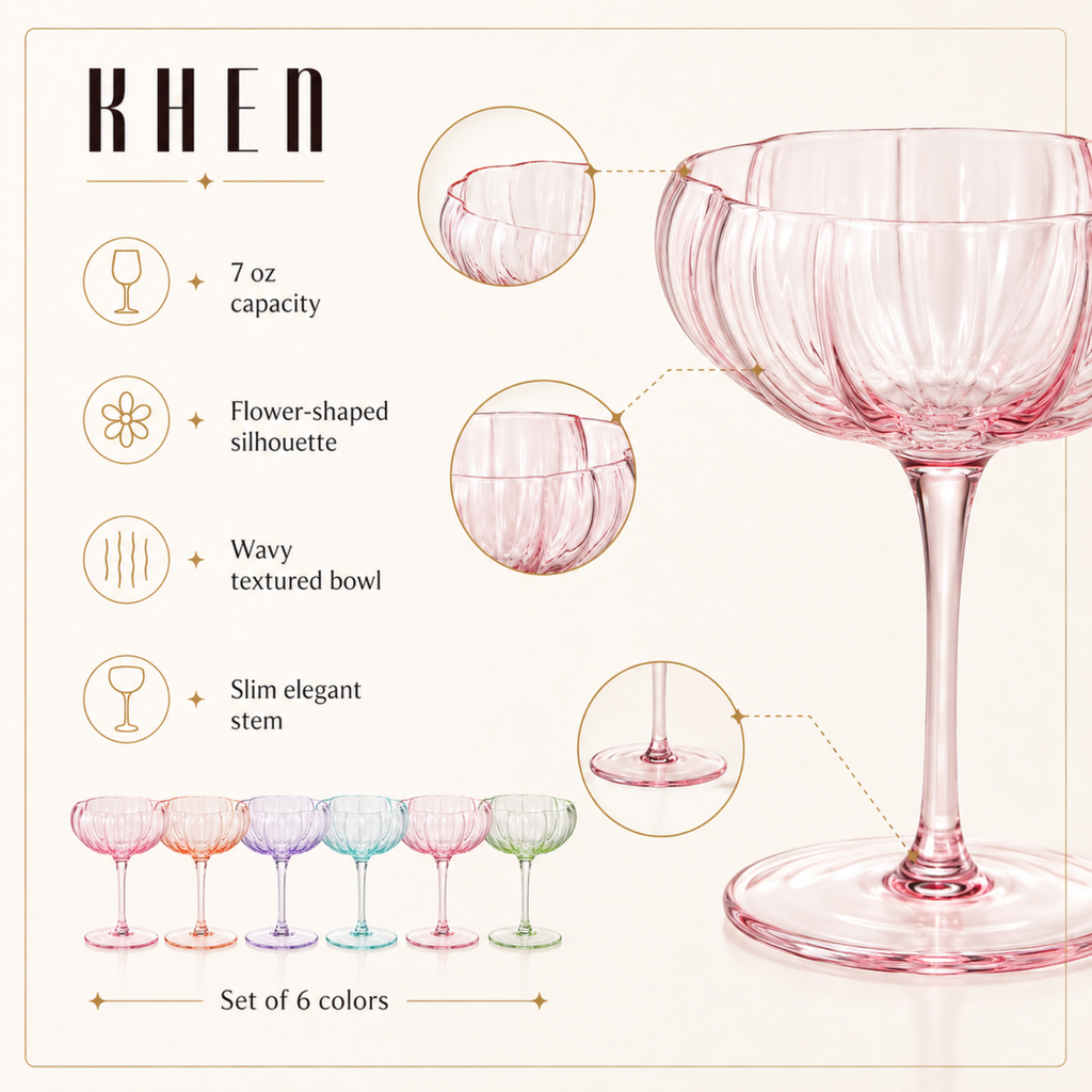 Flower Coupe Cocktail Glasses | Set of 6 | Bright Colors