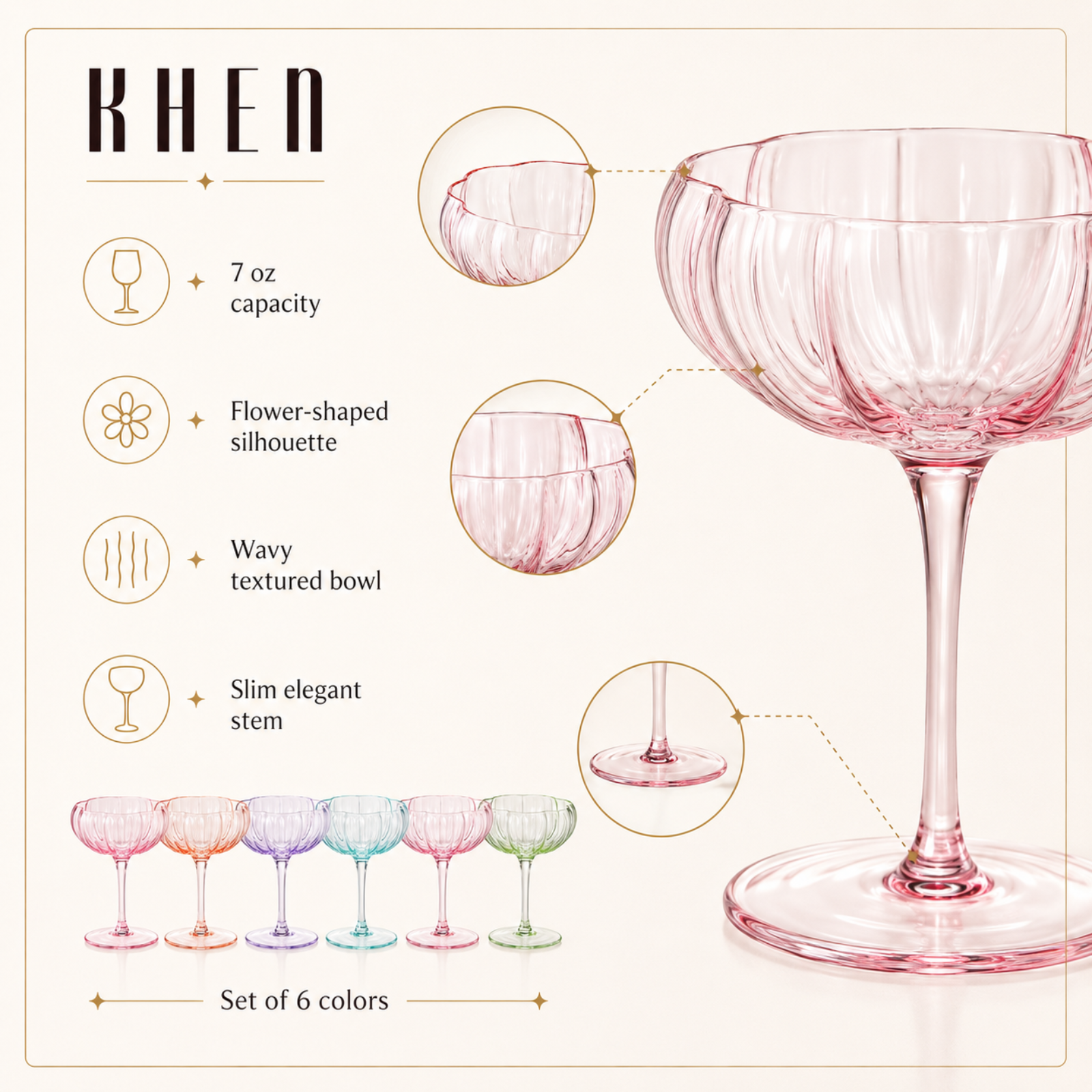 Flower Coupe Cocktail Glasses | Set of 6 | Bright Colors