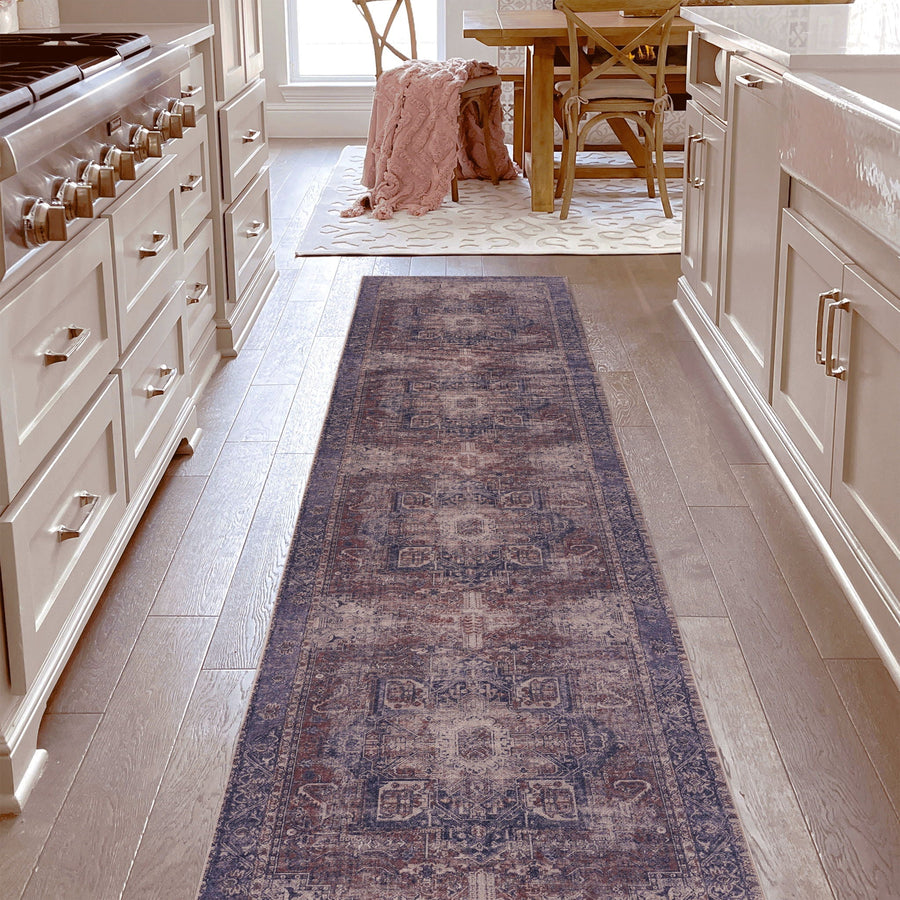 Maval Washable Runner Rug — Light Blue & Dark Red