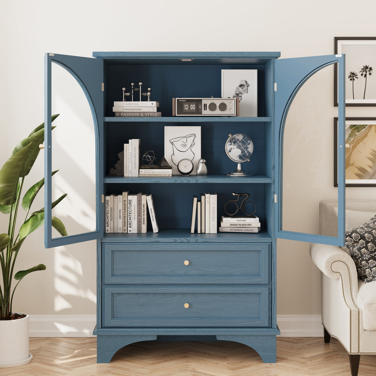 52.17"H Glass Door Display Case Storage Cabinet with 2 Drawers and Adjustable Shelf