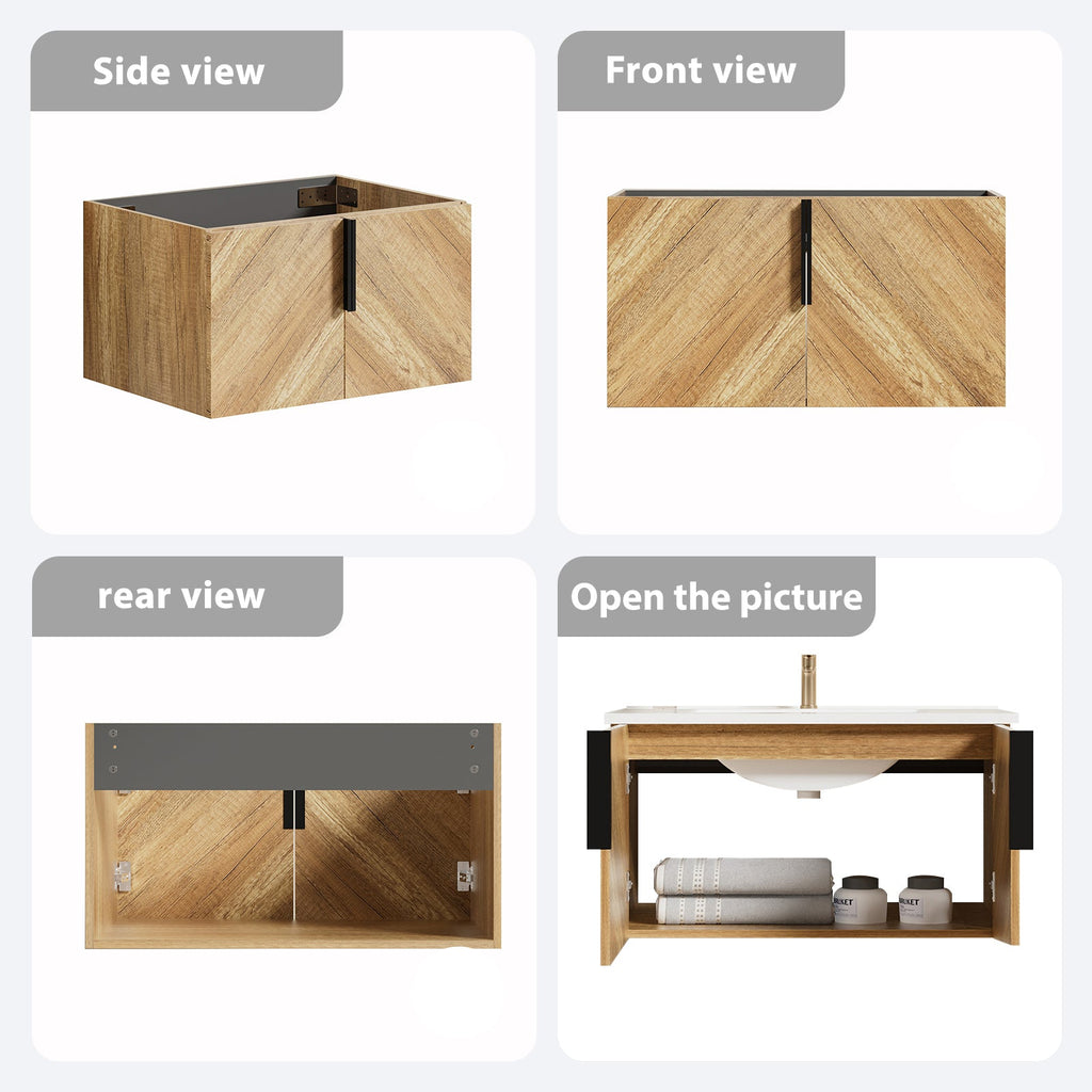 36 Inch Wall-Mounted Bathroom Vanity with 3D Fluted Panel & Ceramic Integrated Sink