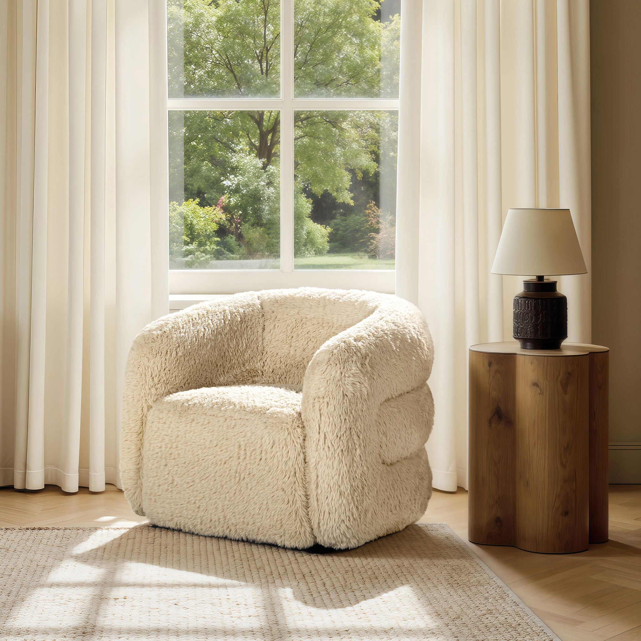 Colt Faux-Fur Swivel Barrel Chair — Cream