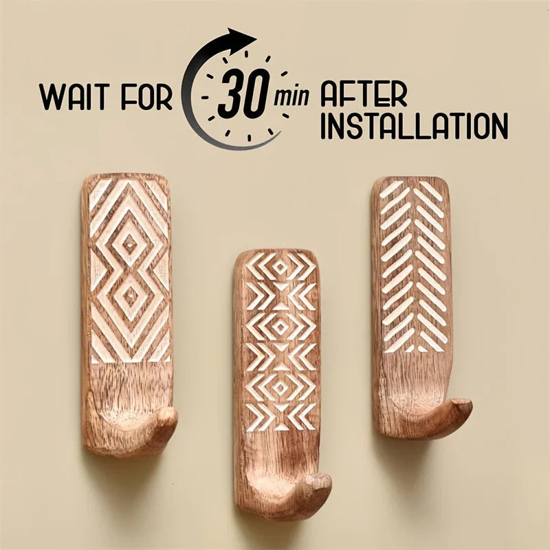 3pcs Boho Wooden Wall Hooks Set, Rust Resistant, Easy Install Adhesive, Perfect for Bathroom & Home Decor, Convenient Hanging for Clothes, Hats, Towels, Utility Hooks