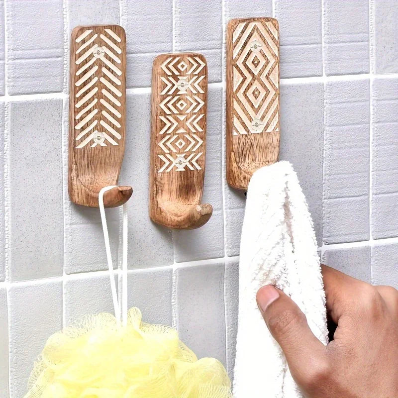 3pcs Boho Wooden Wall Hooks Set, Rust Resistant, Easy Install Adhesive, Perfect for Bathroom & Home Decor, Convenient Hanging for Clothes, Hats, Towels, Utility Hooks