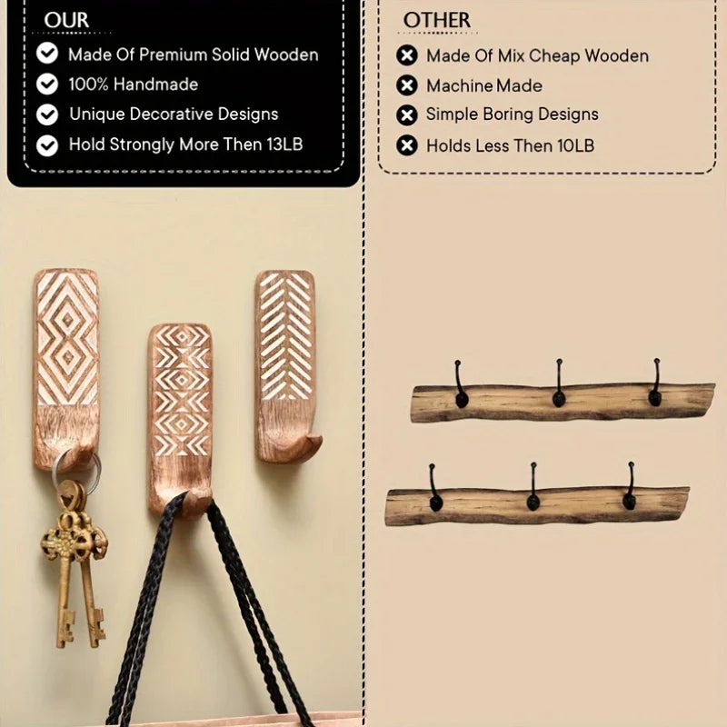 3pcs Boho Wooden Wall Hooks Set, Rust Resistant, Easy Install Adhesive, Perfect for Bathroom & Home Decor, Convenient Hanging for Clothes, Hats, Towels, Utility Hooks