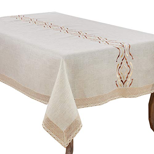 Fennco Styles Abstract Embroidery Lace Trim Table Linen Collection - Natural Table Cover for Home, Dining Room, Banquets, Holiday and Special Event