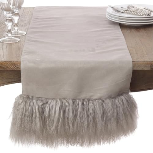 Fennco Styles Genuine Mongolian Lamb Fur Table Runner 16" W x 72" L – Black Plush Table Cover for Dining Room, Banquets, Family Gatherings, Holidays, Special Events and Home Décor