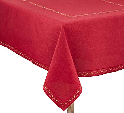 Fennco Styles Holiday Embroidered Bordered Design Tablecloth - Red Table Cover for Home Décor, Christmas, Banquets and Special Events