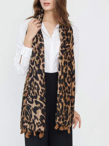 stylesilove Women Elegant Classic Leopard Print Lightweight Cotton Tassel Scarf Wrap Autumn Winter Large Shawl Scarf