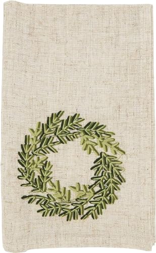 Fennco Styles Embroidered Wreath Christmas Cloth Napkins 20" W x 20" L, Set of 4 - Natural Linen Blend Dinner Napkin for Winter Holidays, Family Gatherings, Banquets, Special Events