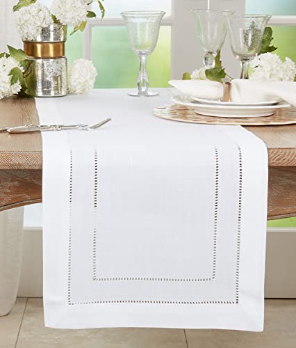 Fennco Styles Double Hemstitched White Table Runner 16" W x 72" L - Solid Color Table Cover for Dining Table, Banquets, Holidays, Weddings, Home Décor and Everyday Use
